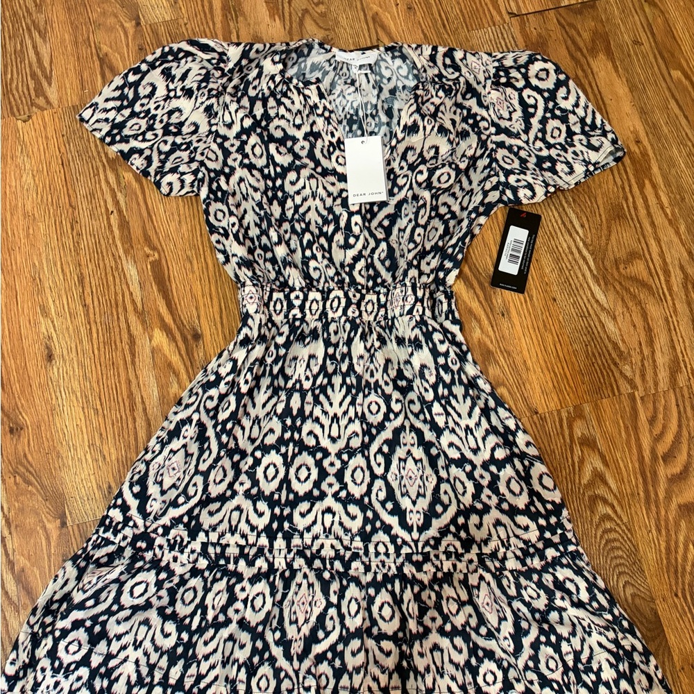 Dear John Navy and Cream Printed V-Neck Midi Dress